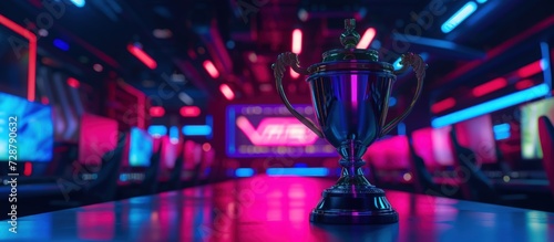 The winner trophy standing on the stage on stylish neon lights background. AI generated image