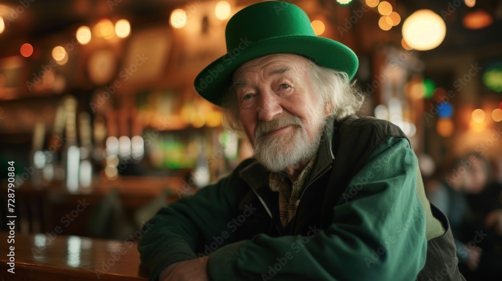 Portrait of a senior man dressed as a green leprechaun, embodying the St. Patrick's Day concept, in Irish pub Portrait of a senior man dressed as a green leprechaun, embodying the St. Patrick's Day concept, in Irish pub