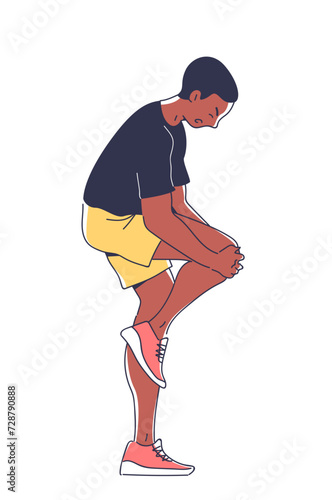 Person feel pain doodle concept. Man suffer from ache in knee. Health care and treatment, medicine. Template and layout. Outline flat vector illustration isolated on white background