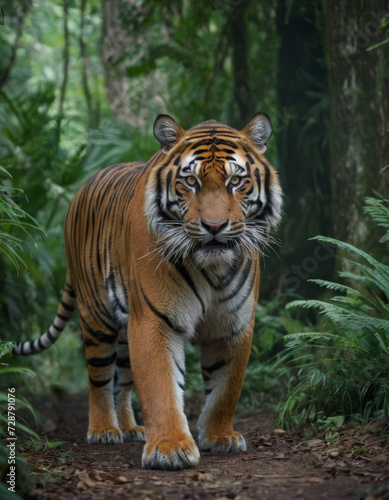 Majestic tiger roaming through the lush forest