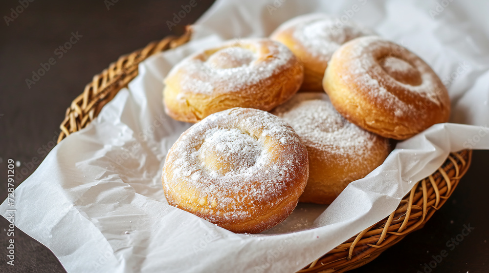 Fresh home baked traditional Spanish and Philippine sweet pastry ensaimada dusted with icing sugar in wicker basket