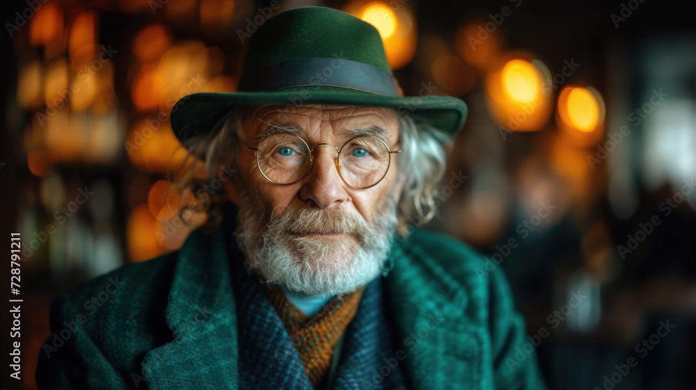 Portrait of a senior man dressed as a green leprechaun, embodying the St. Patrick's Day concept, in Irish pub