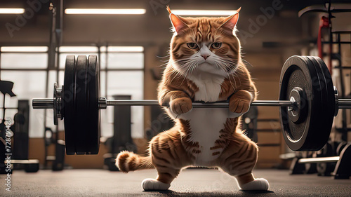 Muscular cat lifting weights at the gym
