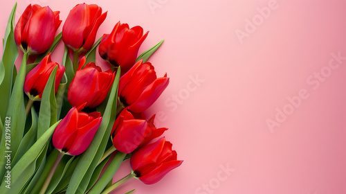 Fresh red tulips on pink background, spring and holidays concept, top view, copy space