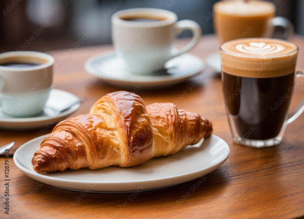 Morning breakfast. Croissant and coffee on the table Morning breakfast. Croissant and coffee on the table