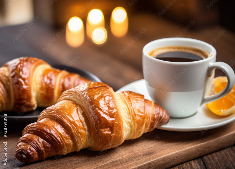 Morning breakfast. Croissant and coffee on the table Morning breakfast. Croissant and coffee on the table