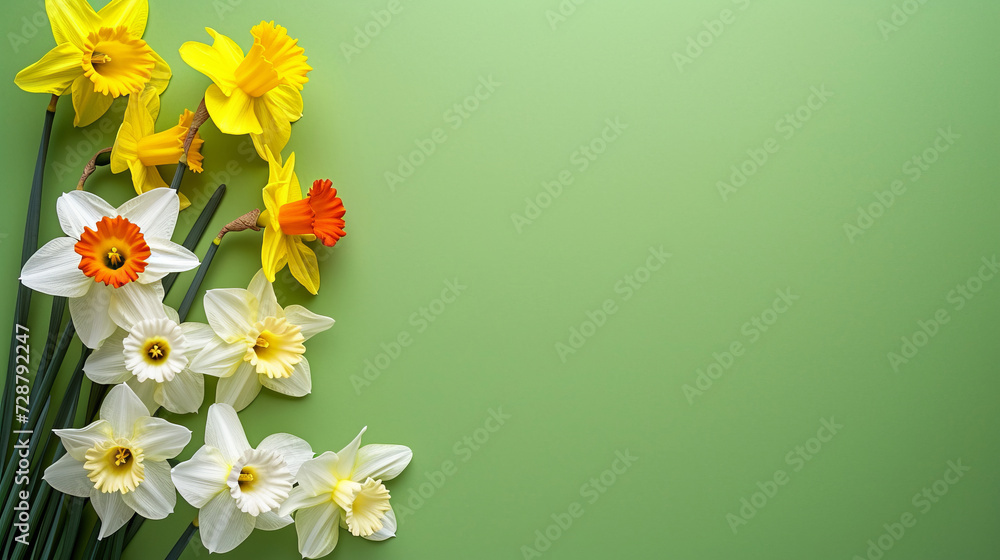 Naklejka premium Garden daffodil flowers on a green background. Top-down view and copy space