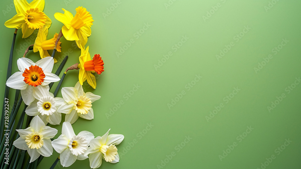 Garden daffodil flowers on a green background. Top-down view and copy space