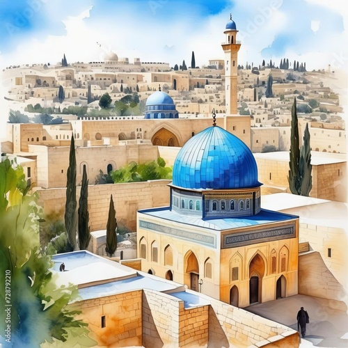 Al-Aqsa Mosque. Old City of Jerusalem. Watercolor style illustration by Generative AI. photo