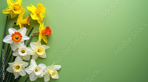 Garden daffodil flowers on a green background. Top-down view and copy space © Oleg Kolbasin