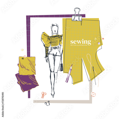 Fashion sketch. Costume designer. Designer's moodboard. A tablet with a sketch of a woman's suit, a pattern, pieces of fabric to choose from, a pencil, a needle and sequins. Vector glamor illustration
