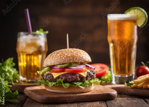 Delicious cheeseburger with fresh vegetables and juice on a dark background