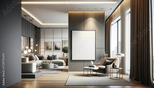 Modern living room with interior furniture,geometric wall panels,sophisticated lighting,curtained windows and an empty picture frame in a sophisticated apartment.Comfortable home concept.AI generated.