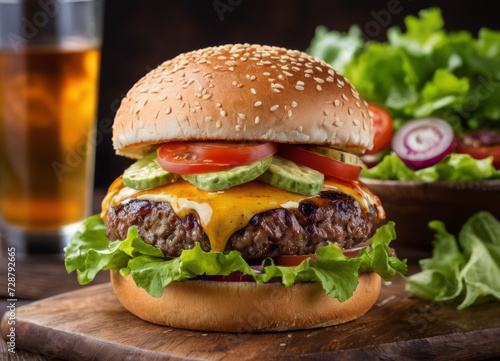 Delicious cheeseburger with fresh vegetables and juice on a dark background