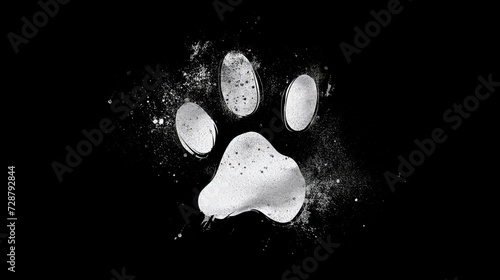 Simple white futuristic logo of a kitten paw print with a subtle paint splatter effect on black background. 2d illustration