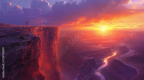 A lone traveler stands on the edge of an ancient cliff with his arms spread wide. The sun sets, turning the sky orange and purple. photo