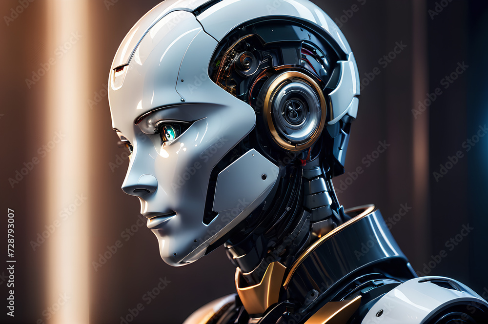 Humanoid robot, android, face, close-up, in profile, on abstract background. Humanoid robot, android, face, close-up, in profile, on abstract background.