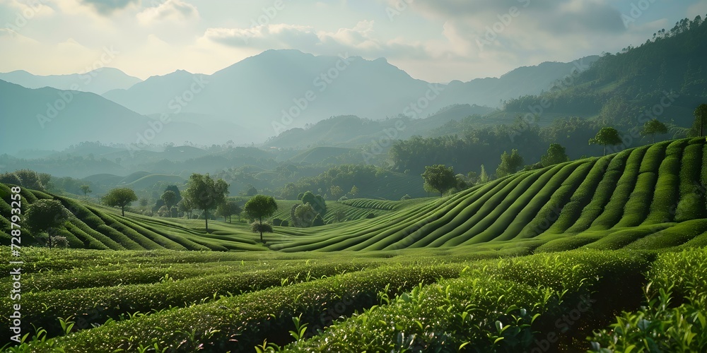 Serene tea plantation at sunrise, lush green fields, peaceful landscape for relaxation or background use. AI