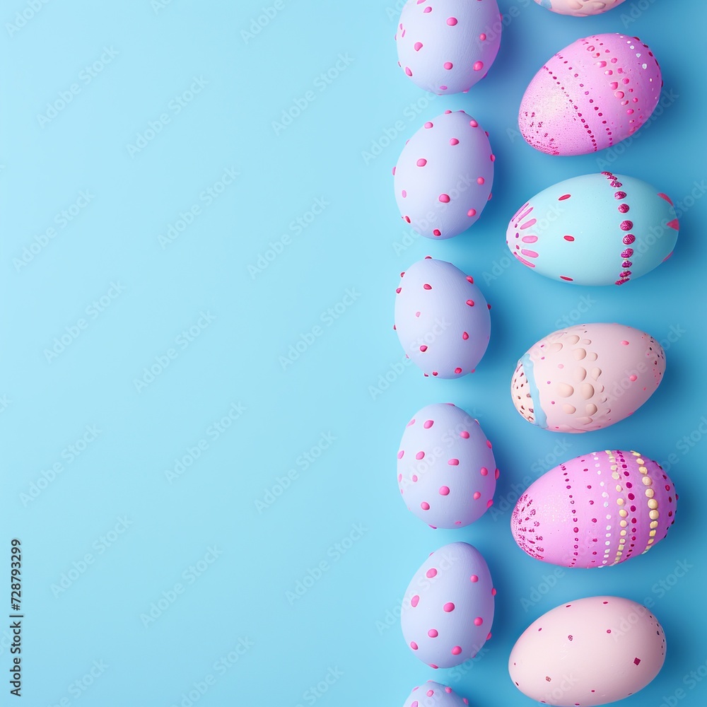 Pink and Blue Easter Eggs with Polka Dots on Light Blue Background