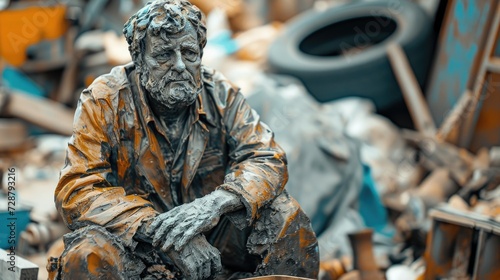 Sculpture of a man in an industrial waste dump