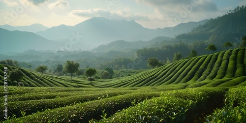 Serene tea plantation at sunrise, lush green fields, peaceful landscape for relaxation or background use. AI