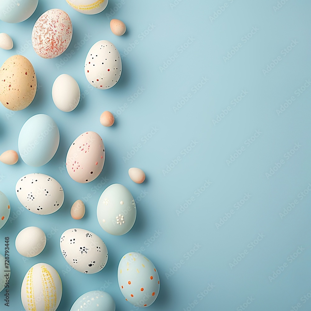 Assorted Speckled Easter Eggs Scatter on Light Blue Surface