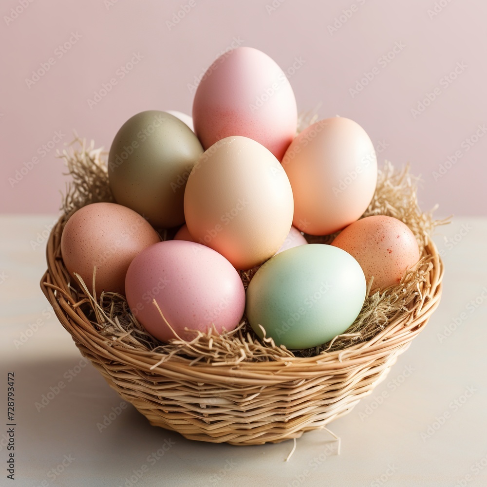 Natural Toned Easter Eggs in a Woven Basket on Soft Pink Background Natural Toned Easter Eggs in a Woven Basket on Soft Pink Background