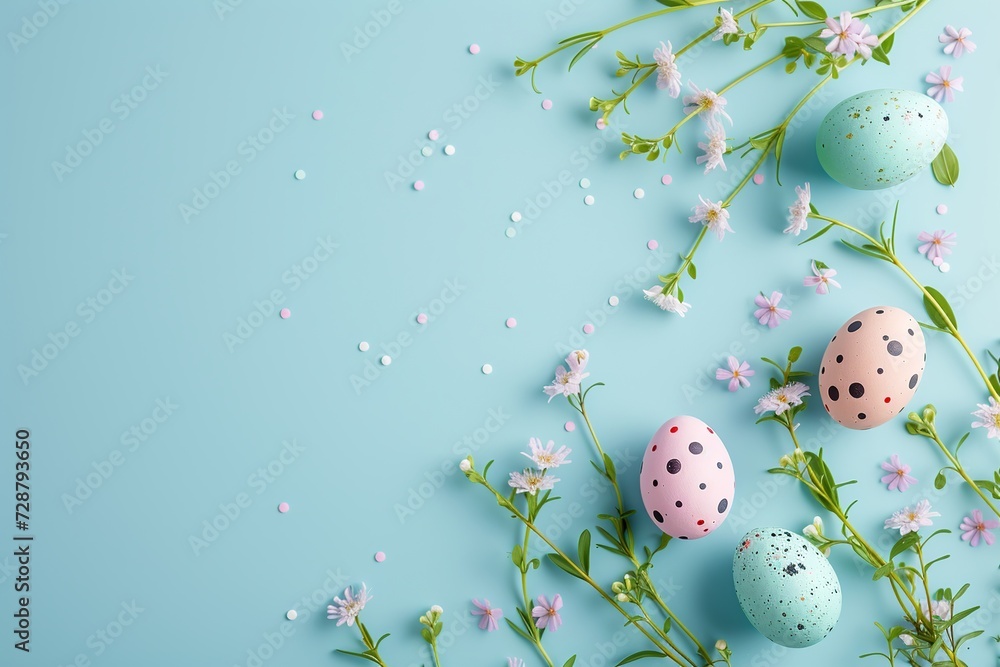 Pastel Easter Eggs with Floral Decor on a Serene Blue Background