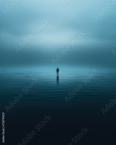 Man in suit standing in calm waters with misty background.