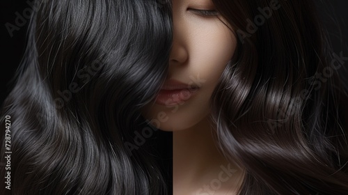 A split-image of Asian hair  on the left  the natural texture of Asian hair  unstyled and untouched. On the right  the same Asian hair after care and styling.