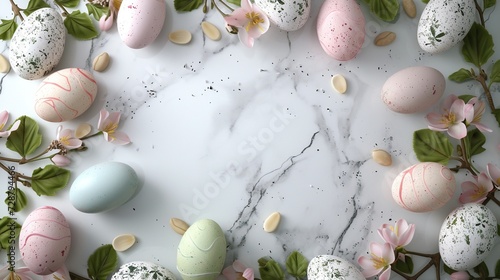 Elegant Easter Composition with Speckled Eggs and Pink Blossoms on Marble
