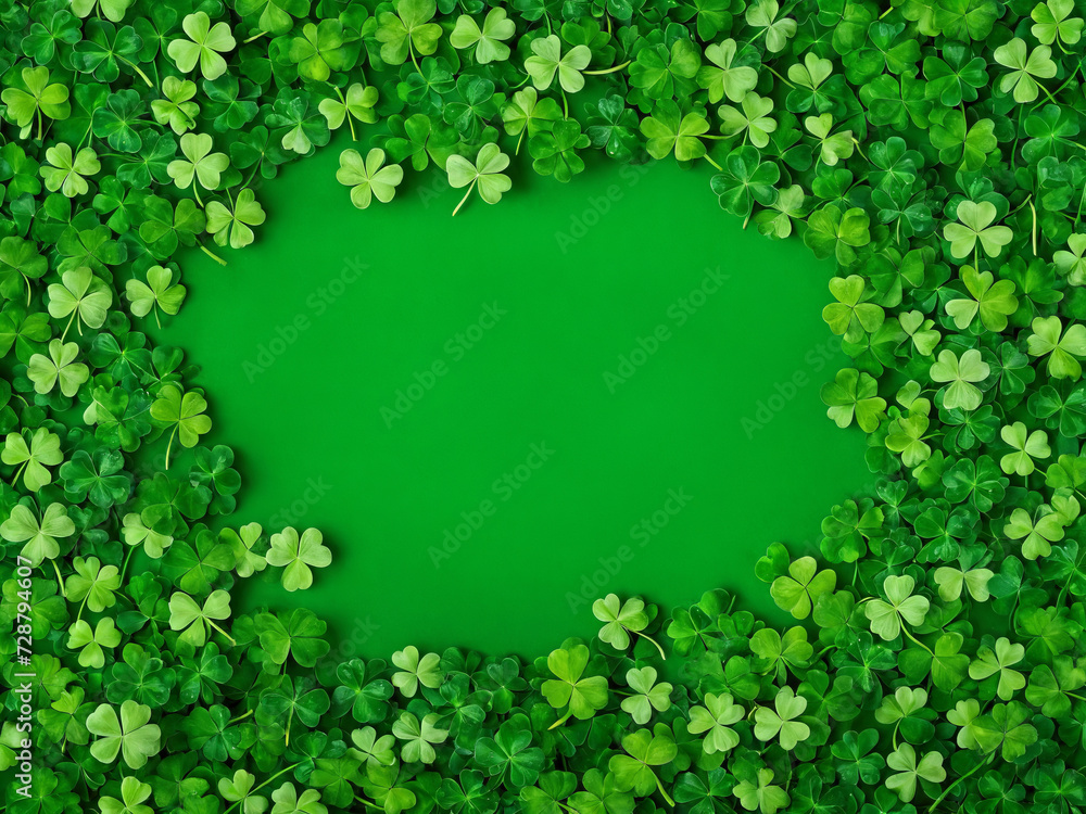 Green Saint Patrick’s Day background with clovers and shamrock, copy space, white space, Saint Patrick’s Day template with copy space, design, pattern, model Green Saint Patrick’s Day background with clovers and shamrock, copy space, white space, Saint Patrick’s Day template with copy space, design, pattern, model