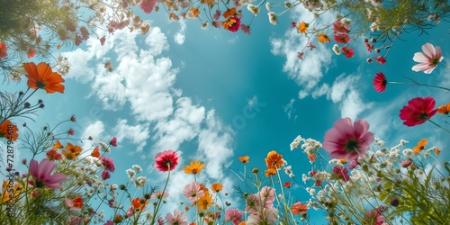 Vibrant wildflowers and fluffy clouds against a clear blue sky, serene nature backdrop for relaxation and design projects. AI © Irina Ukrainets