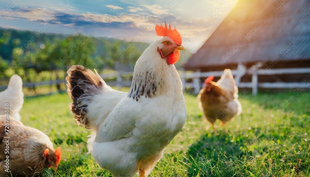 Fototapeta premium A cock, male chicken on the farm, grass field, funny