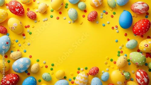 Bright Assortment of Decorated Easter Eggs on a Vivid Yellow Background with Festive Confetti