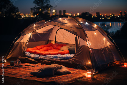 Urban Camping View of a Tent with City in background lit up by lights