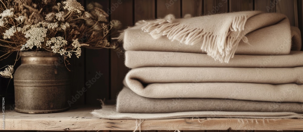 Beige wool blankets stacked on a wooden shelf, representing home warmth and comfort during autumn and winter.