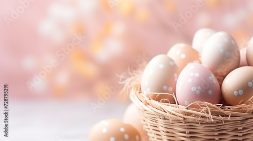 Whimsical Easter Delight  Polka-Dotted Eggs in Basket on Soft Pink Hue