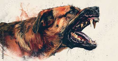 Illustration of an angry dog that suffers from rabies with its mouth open, side view photo