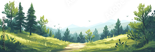 Landscape of nature green forest, a mountain in the background. Horizontal banner #728795455