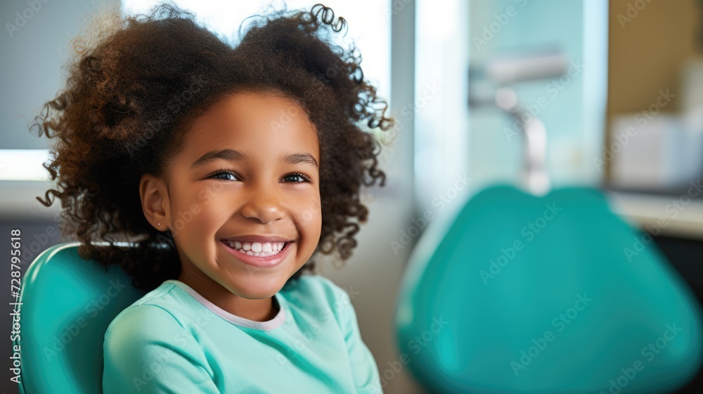 Healthy smile: A girl in a dentist's chair beams with beautiful teeth, reflecting dental wellness and a vibrant smile. Healthy smile: A girl in a dentist's chair beams with beautiful teeth, reflecting dental wellness and a vibrant smile.