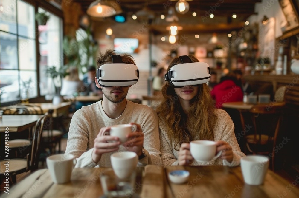 Couple in VR glasses in caffe Couple in VR glasses in caffe
