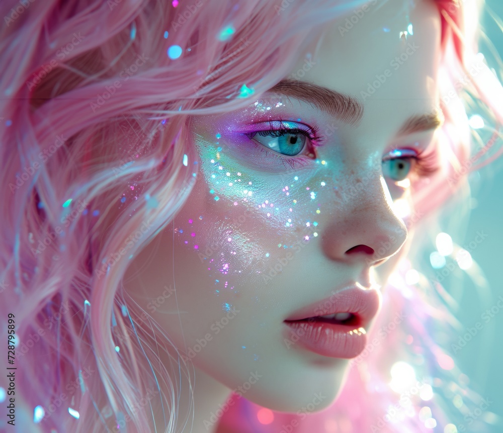 New glimmer girl with pink hair and makeup, in the style of realism with fantasy elements
