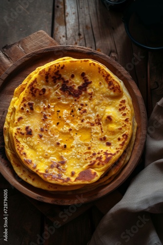 Puran poli on wooden background. Traditional Indian cuisine concept. Ugadi, Hindu New Year, Gudi Padwa festivals. Design for menu, recipe book, poster