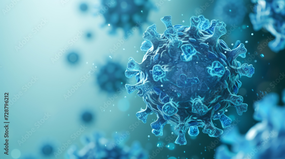 Close-up of a Virus cell in blue, captured in macro detail, and isolated on a clean background. Close-up of a Virus cell in blue, captured in macro detail, and isolated on a clean background.