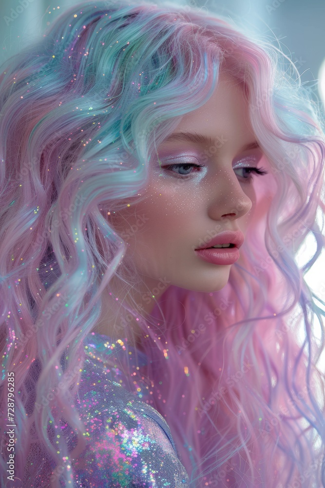 New glimmer girl with pink hair and makeup, in the style of realism with fantasy elements