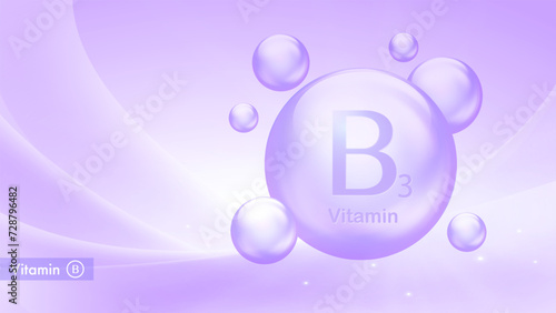 Vitamin B3 vector banner with drop bubbles. Medical poster of vitamin B complex. Health and beauty care. Nutritional supplements