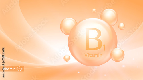 Vitamin B1 vector banner with drop bubbles. Medical poster of vitamin B complex. Health and beauty care. Nutritional supplements