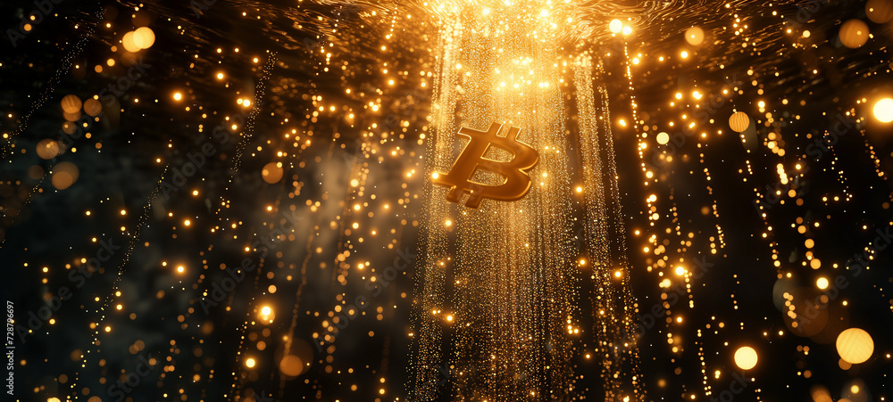 A cascade of golden droplets descends from a decentralized fountain, with each droplet transforming into a Bitcoin symbol upon impact