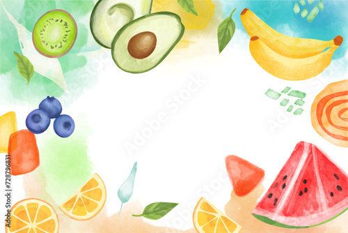 Fototapeta Naklejka Na Ścianę i Meble -  Watercolor background with fruits and vegetables. Hand drawn vector illustration